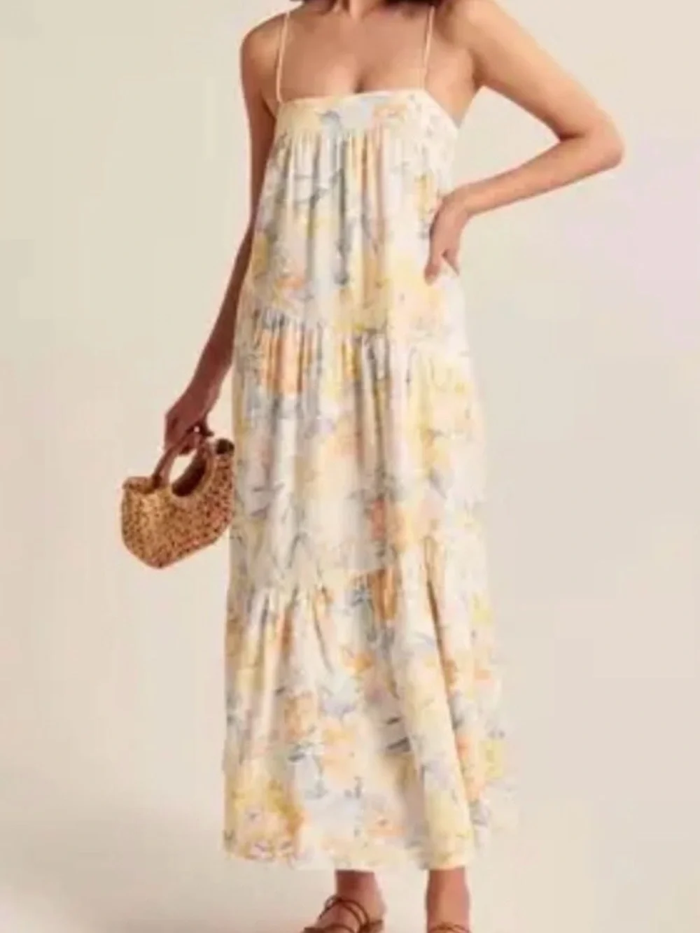 Abercrombie & Fitch Floral Spaghetti-Strap Maxi Dress in Cream, Yellow, Blue
